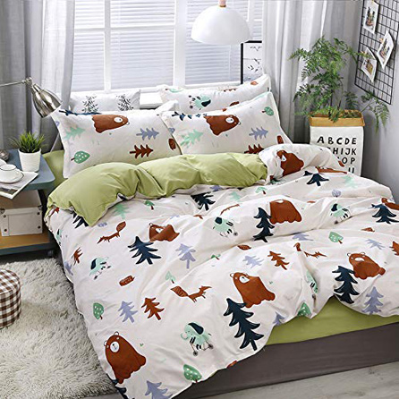KFZ Bedding Set Full, 3PCS Duvet Cover Set with 1 Comforter Cover (No Comforter Insert), 2 Pillowcases, Bear Fox Elephant Woodland Patterned, Breathable Bed Set for Kids and Teens