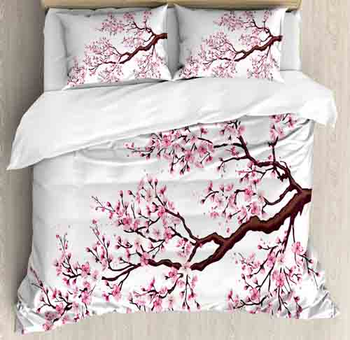 Ambesonne Japanese Duvet Cover Set, Branch of a Flourishing Sakura Tree Flowers Cherry Blossoms Spring Theme Art, Decorative 3 Piece Bedding Set with 2 Pillow Shams, Queen Size, Pink Brown