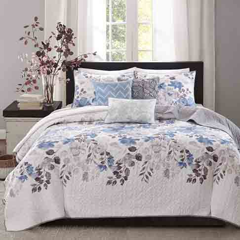 Madison Park Luna King-Cal King Size Quilt Bedding Set - Blue, Plum, Floral, Leaf – 6 Piece Bedding Quilt Coverlets – Ultra Soft Microfiber with Cotton Filling Bed Quilts Quilted Coverlet