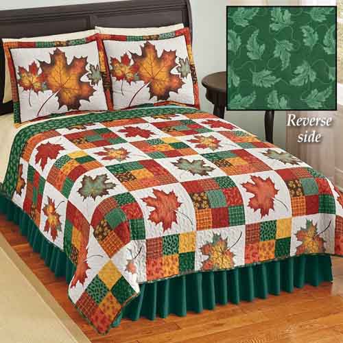 Collections Etc Revirsible Patchwork Quilt with Colorful Fall Leaves on White Background and Green Tone on Tone Leaves Reverse Side, Autumn Colors, Red and Green, Full Queen