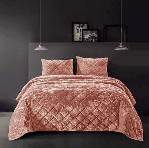 SHALALA NEW YORK Velvet Quilted Comforter Set - Soft Comforter with 2 Matching Pillow Sham - Ultra Soft Plush Velvet - Geometric Pattern - Machine Washable (Orange Blush, Full Queen)