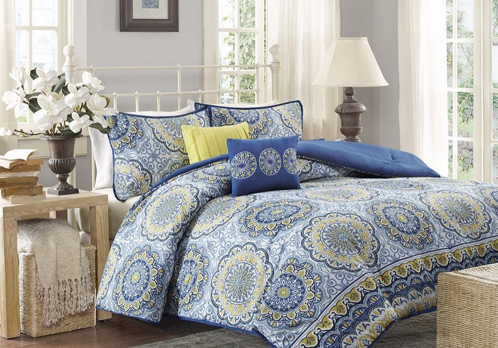 Duvet vs Comforter - Home Essence – Taza 5 Piece Comforter Set- Grey, Yellow, Blue – Printed – Full / Queen Size – Includes comforter, shams and pillows